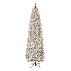 First Traditions Pre-Lit Acacia Flocked Tree Slim Christmas Tree, Clear Incandescent Lights, Plug In, 9 Ft