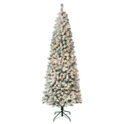 First Traditions Pre-Lit Acacia Flocked Tree Medium Christmas Tree, Clear Incandescent Lights, Plug In, 7.5 Ft