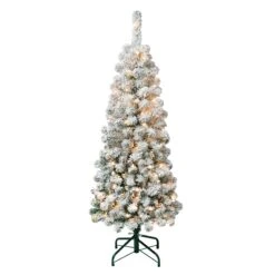 First Traditions Pre-Lit Acacia Flocked Tree Slim Christmas Tree, Clear Incandescent Lights, Plug In, 4.5 Ft