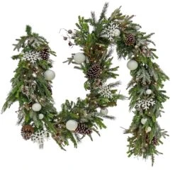 National Tree Company Pre Lit Artificial Garland, Alpine, Green, Decorated With White Ball Ornaments, Snow Flakes, Berry Clusters, Warm White LED Lights, Battery Powered, Christmas Collection, 9 Feet