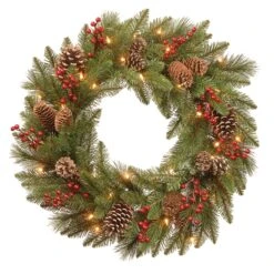 National Tree Company Pre-Lit Artificial Christmas Wreath, Green, Bristle Berry Pine, White Lights, Decorated With Frosted Branches, Pine Cones, Berry Clusters, Christmas Collection, 24 Inches