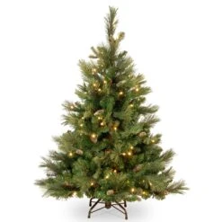 National Tree Company Pre-Lit Artificial Full Christmas Tree, Green, Carolina Pine, White Lights, Flocked With Pine Cones, Includes Stand, 4.5 Feet