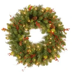 National Tree Company Pre-Lit Artificial Christmas Wreath, Green, Classical, White Lights, Decorated With Pine Cones, Berry Clusters, Leaves, Twigs, Christmas Collection, 24 Inches