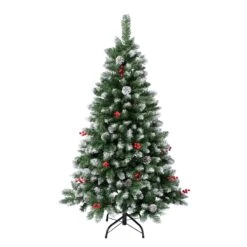 National Tree Company First Frosted Traditions Christmas Tree With Hinged Branches, Pinecones And Red Berries, 4.5 Ft