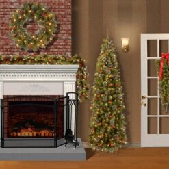 Pre-Lit Artificial Christmas Garland, Green, Crestwood Spruce, White Lights, Decorated With Pine Cones, Berry Clusters, Battery Operated, Christmas Collection, 9 Feet -National Tree Company CW7 306 9A B1 4