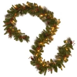Pre-Lit Artificial Christmas Garland, Green, Crestwood Spruce, White Lights, Decorated With Pine Cones, Berry Clusters, Battery Operated, Christmas Collection, 9 Feet -National Tree Company CW7 306 9A B1 5