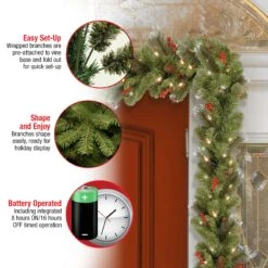 Pre-Lit Artificial Christmas Garland, Green, Crestwood Spruce, White Lights, Decorated With Pine Cones, Berry Clusters, Battery Operated, Christmas Collection, 9 Feet -National Tree Company CW7 306 9A B1 Features