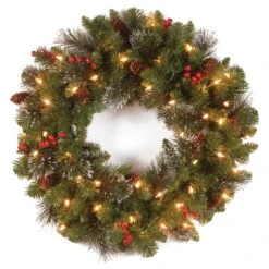 Pre-Lit Artificial Christmas Wreath, Green, Crestwood Spruce, White Lights, Decorated With Pine Cones, Berry Clusters, Christmas Collection, 24 Inches