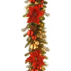 National Tree Company Pre-Lit Artificial Christmas Garland, Green, Evergreen, White Lights, Decorated With Pine Cones, Ball Ornaments, Poinsettia Flowers, Plug In, Christmas Collection, 9 Feet