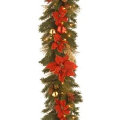 National Tree Company Pre-Lit Artificial Christmas Garland, Green, Evergreen, White Lights, Decorated With Pine Cones, Golden Branches, Ball Ornaments, Poinsettia Flowers, Plug In, Christmas Collection, 9 Feet