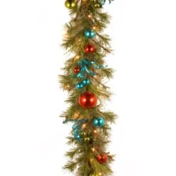 National Tree Company Pre-Lit Artificial Christmas Garland, Green, Evergreen, Decorated With Berry Clusters, Ribbon, Ball Ornaments, Plug In, Christmas Collection, 9 Feet