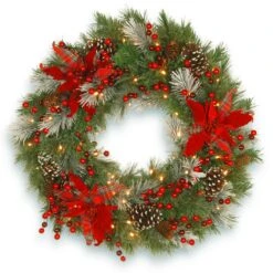 National Tree Company Pre-Lit Artificial Christmas Wreath, Green, Tartan Plaid, White Lights, Decorated With Frosted Branches, Pine Cones, Berry Clusters, Flowers, Christmas Collection, 30 Inches