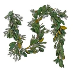 National Tree Company Pre Lit Artificial Garland, Magnolia Mix, Green, Decorated With Leafy Greens, Warm White LED Lights, Battery Powered, Christmas Collection, 9 Feet