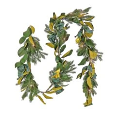 National Tree Company, 9" Christmas Magnolia Mix Pine Garland With Fabric Bow, 75 Warm White LED Lights- Battery Operated With Remote Control