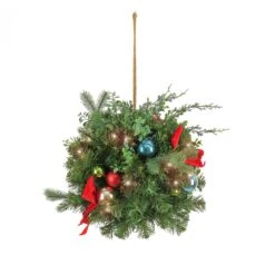 National Tree Company, 16" Christmas Be Merry Decorated Kissing Ball With Fabric Bow, 50 Warm White LED Lights- Battery Operated With Remote Control