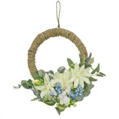 National Tree Company Artificial Wreath Decoration, Blue, Woven Hoop Ring Base, Decorated With Dahlia, Peony And Hydrangea Blooms, Seed Pods, Flowing Green Stems, Spring Collection, 20 Inches