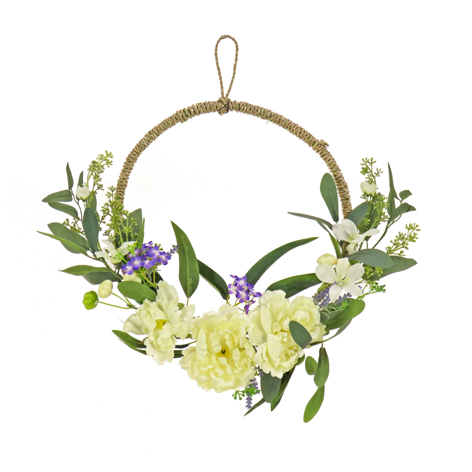 National Tree Company Artificial Wreath Decoration, Cream, Woven Hoop Ring Base, Decorated With Peony Flower Blooms, Mini Blossoms, Seed Pods, Flowing Green Stems, Spring Collection, 18 Inches 1 National Tree Company Artificial Wreath Decoration, Cream, Woven Hoop Ring Base, Decorated With Peony Flower Blooms, Mini Blossoms, Seed Pods, Flowing Green Stems, Spring Collection, 18 Inches