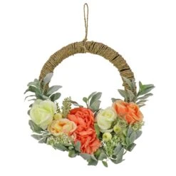 National Tree Company Artificial Wreath Decoration, Pink, Woven Hoop Ring Base, Decorated With Peony, Rose And Lamb's Ear Flower Blooms, Seed Pods, Flowing Green Stems, Spring Collection, 20 Inches