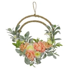 National Tree Company Artificial Wreath Decoration, Pink, Woven Hoop Ring Base, Decorated With Peony, Rose And Lamb's Ear Flower Blooms, Seed Pods, Flowing Green Stems, Spring Collection, 18 Inches