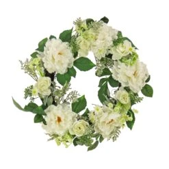 National Tree Company Artificial Wreath Decoration, Cream, Woven Branch Base, Decorated With Daisy, Peony And Buttercup Flower Blooms, Pink Seed Pods, Flowing Green Stems, Spring Collection, 22 Inches