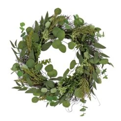 National Tree Company Artificial Wreath Decoration, Green, Woven Branch Base, Decorated With Eucalyptus Leaves, Baby's Breath, Flowing Green Stems, Spring Collection, 22 Inches