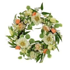 National Tree Company Artificial Wreath Decoration, Pink, Woven Branch Base, Decorated With Tulip Blooms, Poppies, Buttercup Blossoms, Flowing Green Stems, Spring Collection, 22 Inches