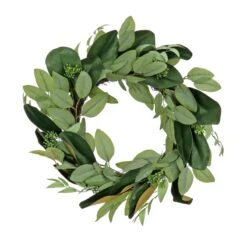 National Tree Company Artificial Wreath Decoration, Green, Woven Branch Base, Decorated With Eucalyptus Leaves, Magnolia Blooms, Flowing Green Stems, Spring Collection, 22 Inches