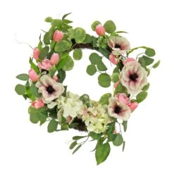 National Tree Company Artificial Wreath Decoration, Pink, Woven Branch Base, Decorated With Hydrangea And Tulip Blooms, Eucalyptus Leaves, Flowing Green Stems, Spring Collection, 22 Inches