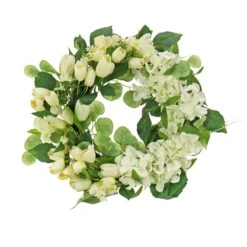 National Tree Company Artificial Wreath Decoration, Cream, Woven Branch Base, Decorated With Tulip And Buttercup Blooms, Seed Pods, Flowing Green Stems, Spring Collection, 22 Inches