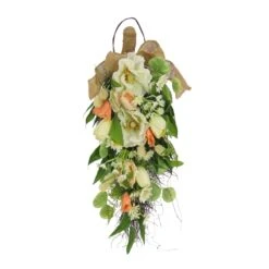 National Tree Company Artificial Teardrop Wall Hanging Decoration, Pink, Woven Branch Base, Decorated With Tulip Blooms, Poppies, Buttercup Blossoms, Flowing Green Stems, Spring Collection, 26 Inches