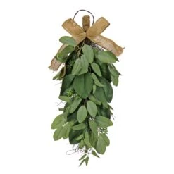 National Tree Company Artificial Teardrop Wall Hanging Decoration, Green, Woven Branch Base, Decorated With Eucalyptus Leaves, Magnolia Blooms, Flowing Green Stems, Spring Collection, 26 Inches