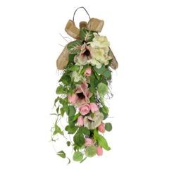 National Tree Company Artificial Teardrop Wall Hanging Decoration, Pink, Woven Branch Base, Decorated With Hydrangea And Tulip Blooms, Eucalyptus Leaves, Flowing Green Stems, Spring Collection, 26 Inches