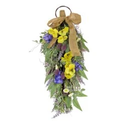 National Tree Company Artificial Teardrop Wall Hanging Decoration, Yellow, Woven Branch Base, Decorated With Pansy Blooms, Lavender, Assorted Blossoms, Flowing Green Stems, Spring Collection, 26 Inches