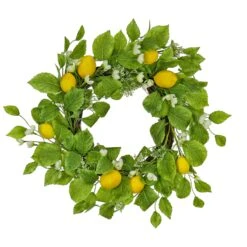 National Tree Company Artificial Spring Wreath, Woven Branch Base, Decorated With Lemons, Flower Blooms, Leafy Greens, Spring Collection, 22 Inches