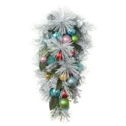 National Tree Company Snowy Pine Decorated Teardrop With Snow Covered Branches And Ball Christmas Ornaments, 33 In