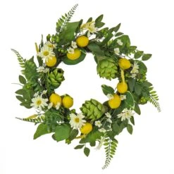 National Tree Company Artificial Spring Wreath, Woven Branch Base, Decorated With Lemons, Artichokes, Daisy Blooms, Leafy Greens, Spring Collection, 22 Inches