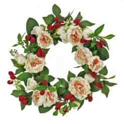 National Tree Company Artificial Spring Wreath, Woven Branch Base, Decorated With Peony Flowers, Raspberries, Leafy Greens, Spring Collection, 22 Inches
