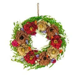 National Tree Company Artificial Wreath Decoration, Pink, Woven Branch Base, Decorated With Assorted Spring Flower Blooms, Seed Pods, Flowing Green Stems, Spring Collection, 17 Inches