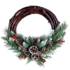 National Tree Company Artificial Christmas Wreath, Green, Grapevine, White Lights, Decorated With Pine Cones, Evergreen Branches, Berry Clusters, Christmas Collection, 16 Inches