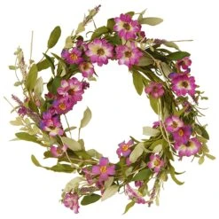 National Tree Company Artificial Hanging Wreath, Green, Purple Daisy, Woven Vine Stem Base, Decorated With Flower Blooms, Leafy Greens, Spring Collection, 20 Inches