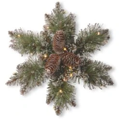 National Tree Company Pre-Lit Artificial Christmas Star Wreath, Green, Glittery Bristle Pine, White Lights, Decorated With Pine Cones, Frosted Branches, Christmas Collection, 14 Inches