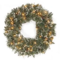 National Tree Company Pre-Lit Artificial Christmas Wreath, Green, Glittery Bristle Pine, White Lights, Decorated With Frosted Branches, Pine Cones, Christmas Collection, 24 Inches