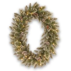 National Tree Company Pre-Lit Artificial Christmas Oval Wreath, Green, Glittery Bristle Pine, White Lights, Decorated With Pine Cones, Frosted Branches, Christmas Collection, 21 Inches