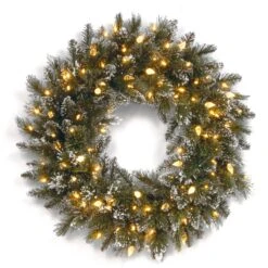 National Tree Company Pre-Lit Artificial Christmas Wreath, Green, Glittery Bristle Pine, White Lights, Decorated With Frosted Branches, Pine Cones, Ball Ornaments, Berry Clusters, Christmas Collection, 24 Inches