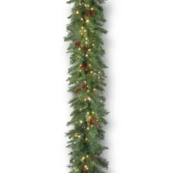 National Tree Company Pre-Lit Artificial Christmas Garland, Green, Garwood Spruce, White Lights, Decorated With Pine Cones, Plug In, Christmas Collection, 9 Feet