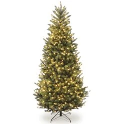 National Tree Company Pre-Lit Artificial Slim Christmas Tree, Green, Natural Fraser Fir, White Lights, Includes Stand, 7 Feet