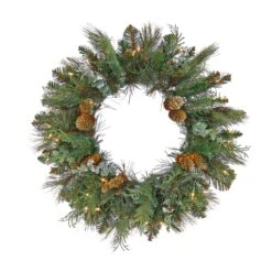 National Tree Company First Traditions Collection, 24" Pre-Lit Artificial North Conway Wreath With Glittery Cones And Eucalyptus