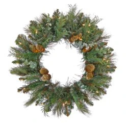 National Tree Company First Traditions™ Collection, 30" Pre-Lit Artificial North Conway Wreath With Glittery Cones And Eucalyptus, 100 Warm White LED Lights- Battery Operated With Timer