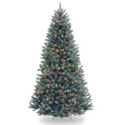 National Tree Company Pre-Lit Artificial Slim Christmas Tree, Blue, North Valley Spruce, Multicolor Lights, Includes Stand, 7.5 Feet