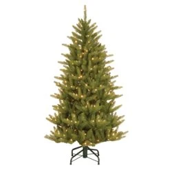 Pre-Lit 'Feel Real' Artificial Slim Christmas Tree, Green, Natural Fraser Fir, White Lights, Includes Stand, 4.5 Feet